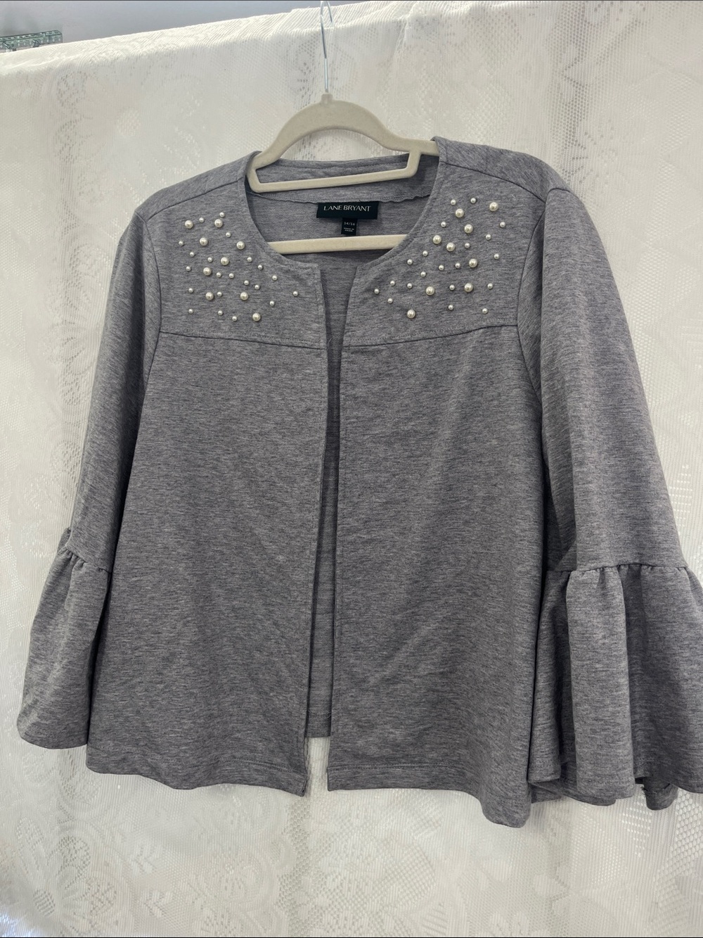 Lane Bryant Gray Pearl-Accent Bell Sleeve Cardigan 14/16